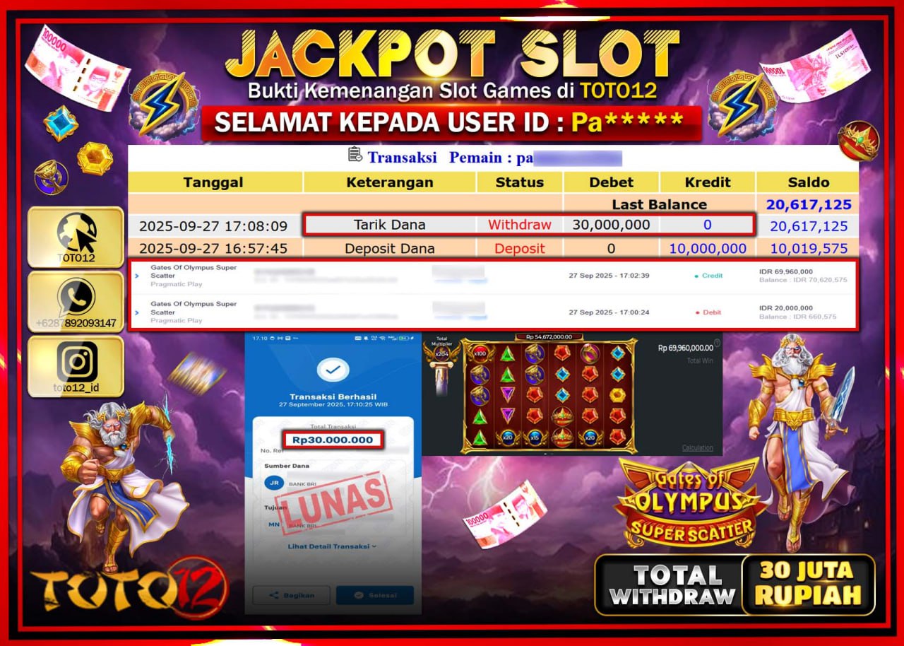 HANYA DI TOTO12 JP PASTI DI BAYAR LUNAS DAN CEPAT!!!!!! JACKPOT SLOT GAME (GATES OF OLYMPUS SUPER SCATTER) Rp.30.000.000 !!!!