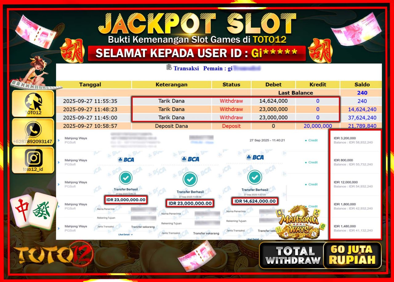 HANYA DI TOTO12 JP PASTI DI BAYAR LUNAS DAN CEPAT!!!!!! JACKPOT SLOT GAME (MAHJONG WAYS) Rp.60.624.000 !!!!