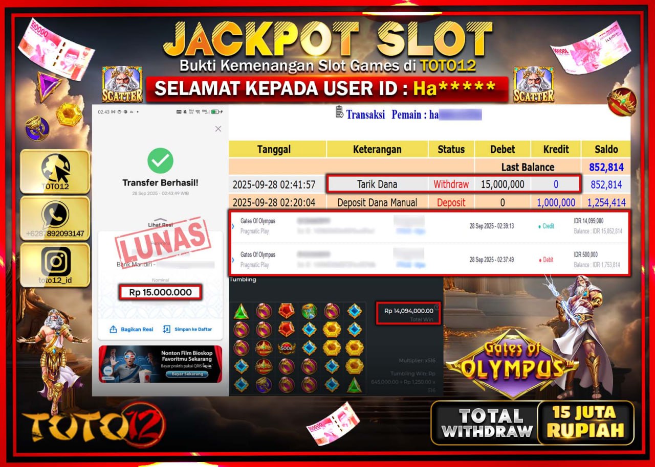 HANYA DI TOTO12 JP PASTI DI BAYAR LUNAS DAN CEPAT!!!!!! JACKPOT SLOT GAME (GATES OF OLYMPUS) Rp.15.000.000 !!!!