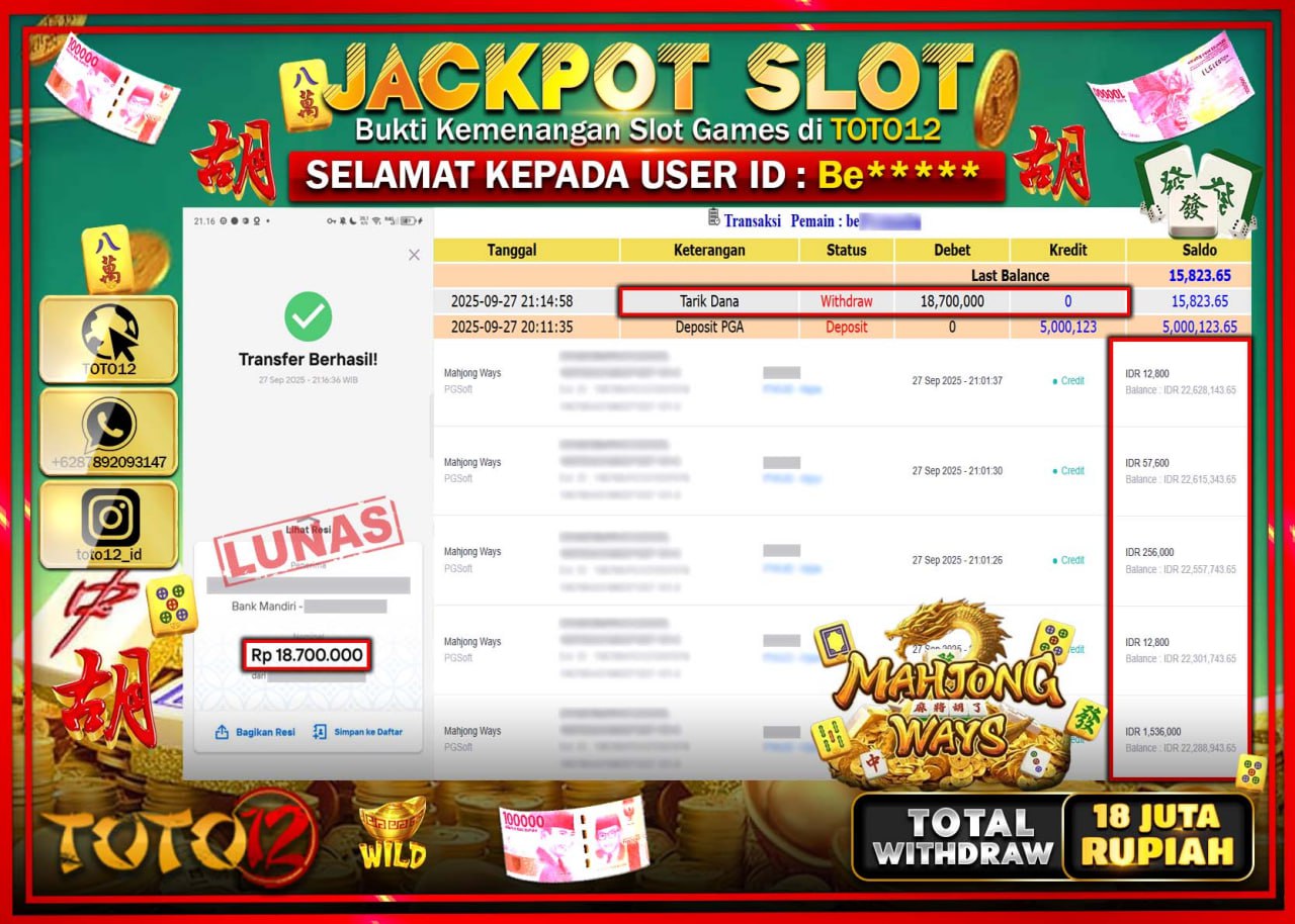 HANYA DI TOTO12 JP PASTI DI BAYAR LUNAS DAN CEPAT!!!!!! JACKPOT SLOT GAME (MAHJONG WAYS) Rp.18.700.000 !!!!