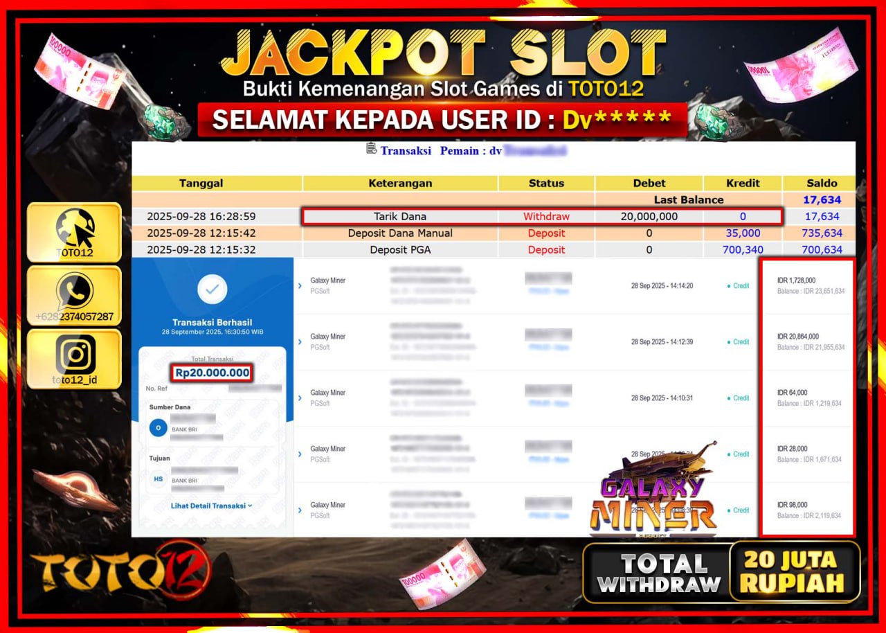 HANYA DI TOTO12 JP PASTI DI BAYAR LUNAS DAN CEPAT!!!!!! JACKPOT SLOT GAME (GALAXY MINER) Rp.20.000.000 !!!!