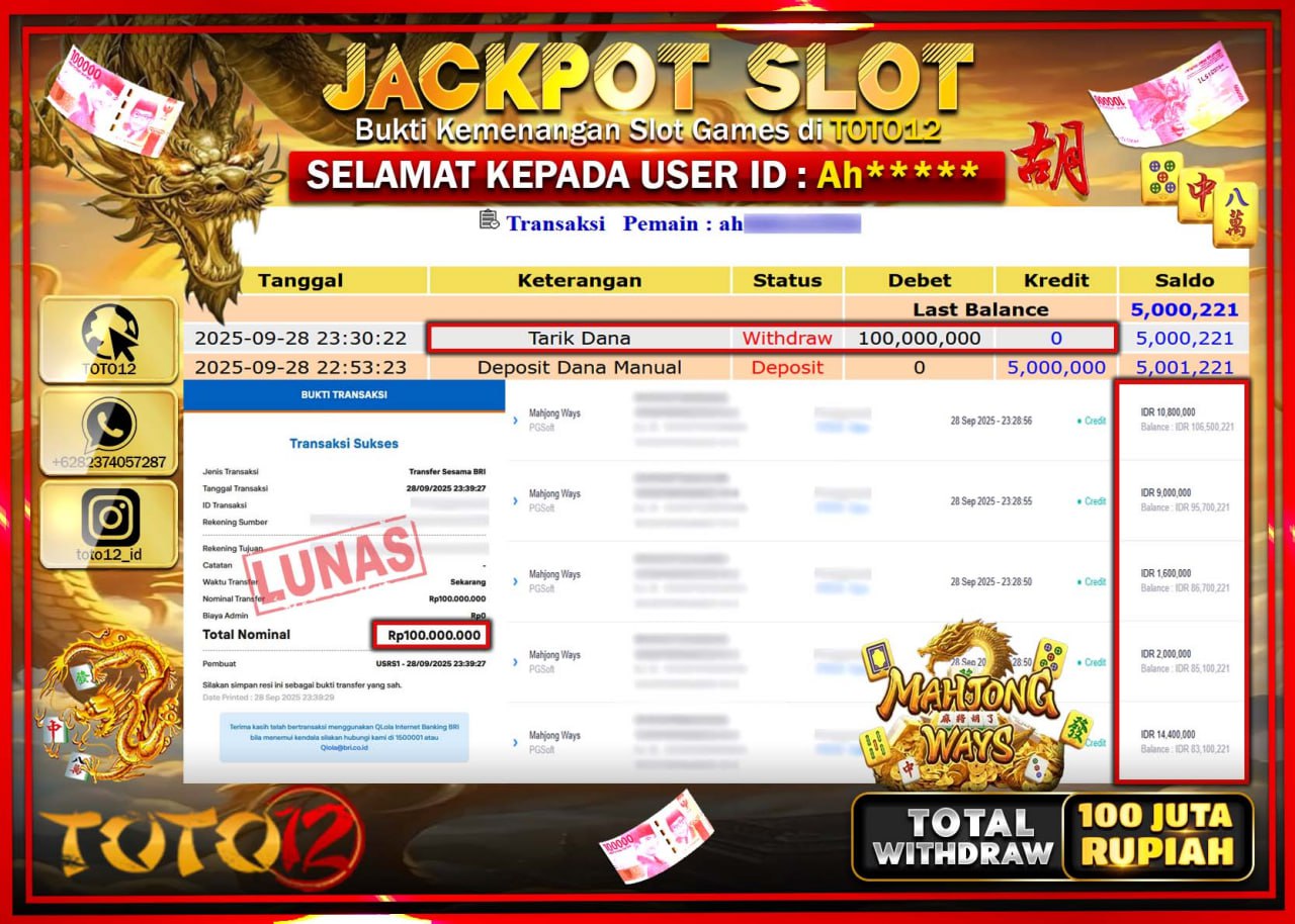 HANYA DI TOTO12 JP PASTI DI BAYAR LUNAS DAN CEPAT!!!!!! JACKPOT SLOT GAME (MAHJONG WAYS) Rp.100.000.000 !!!!
