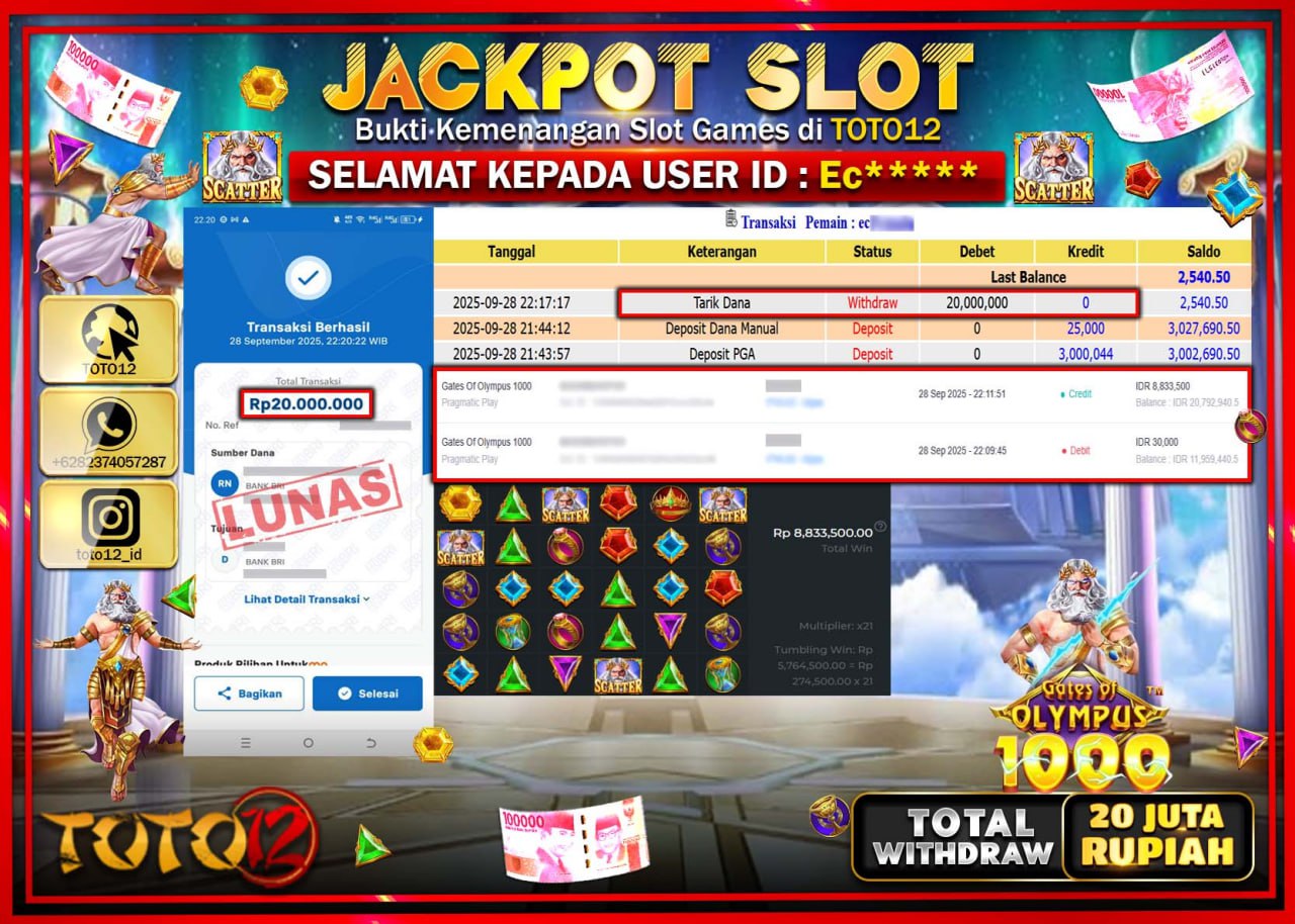 HANYA DI TOTO12 JP PASTI DI BAYAR LUNAS DAN CEPAT!!!!!! JACKPOT SLOT GAME (GATES OF OLYMPUS 1000) Rp.20.000.000 !!!!