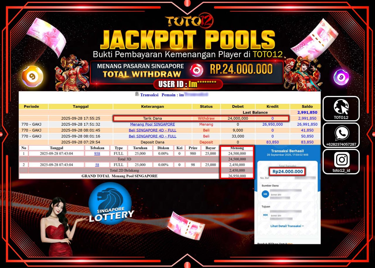 HANYA DI TOTO12 JP PASTI DI BAYAR LUNAS DAN CEPAT!!!!!! JACKPOT POOLS PASARAN (SINGAPORE) Rp.24.000.000 !!!!