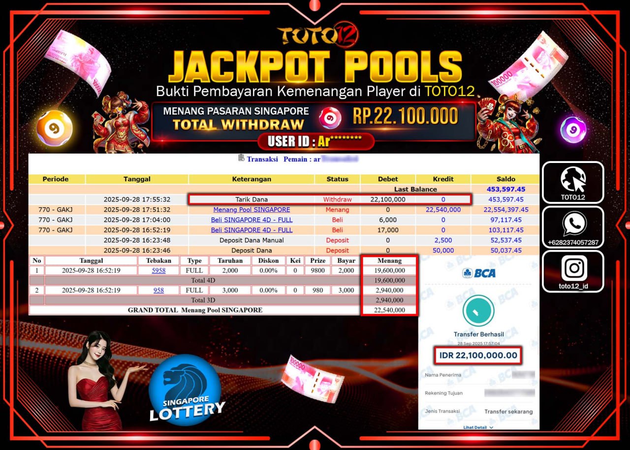 HANYA DI TOTO12 JP PASTI DI BAYAR LUNAS DAN CEPAT!!!!!! JACKPOT POOLS PASARAN (SINGAPORE) Rp.22.100.000 !!!!