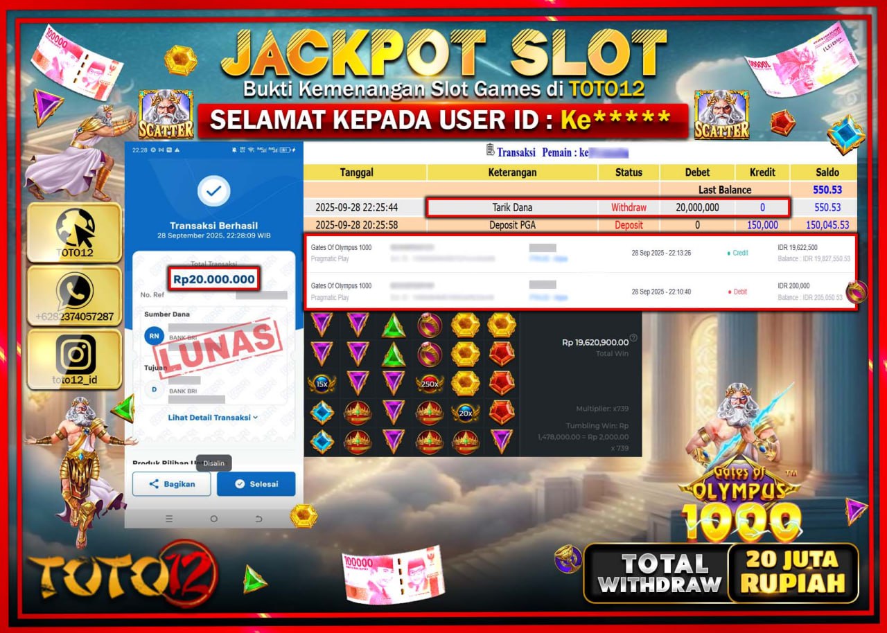 HANYA DI TOTO12 JP PASTI DI BAYAR LUNAS DAN CEPAT!!!!!! JACKPOT SLOT GAME (GATES OF OLYMPUS 1000) Rp.20.000.000 !!!!