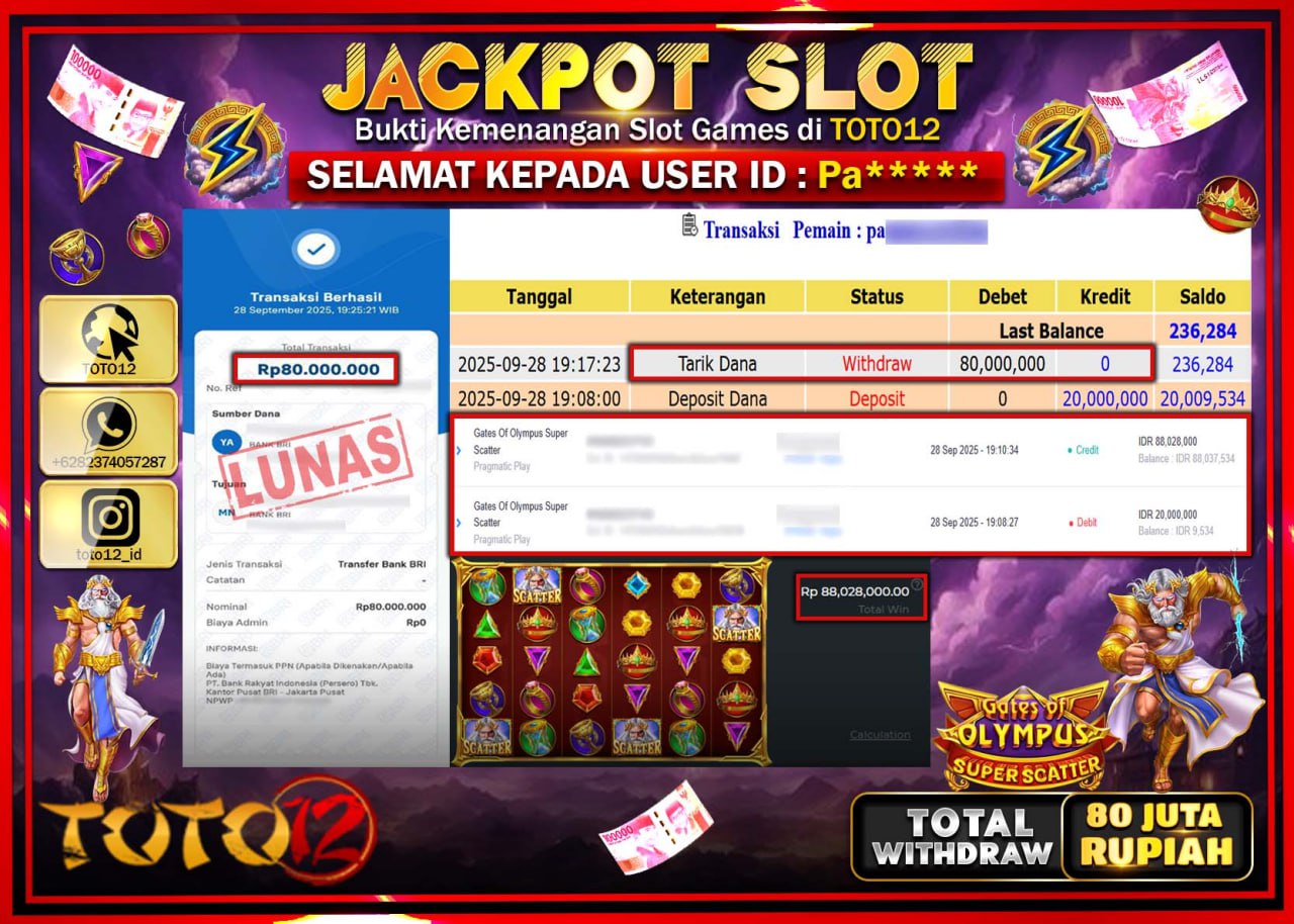 HANYA DI TOTO12 JP PASTI DI BAYAR LUNAS DAN CEPAT!!!!!! JACKPOT SLOT GAME (GATES OF OLYMPUS SUPER SCATTER) Rp.80.000.000 !!!!