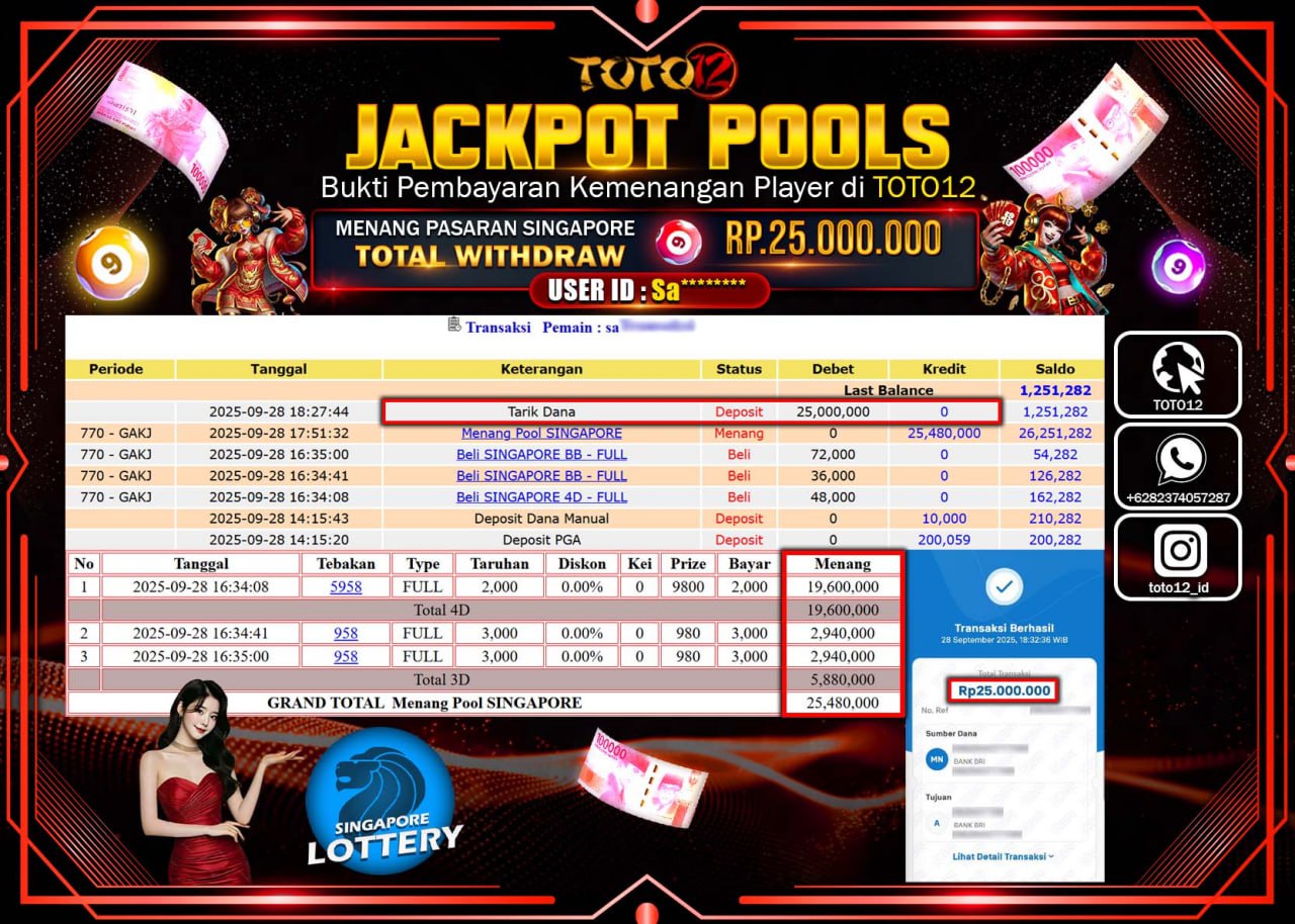 HANYA DI TOTO12 JP PASTI DI BAYAR LUNAS DAN CEPAT!!!!!! JACKPOT POOLS PASARAN (SINGAPORE) Rp.25.000.000 !!!!
