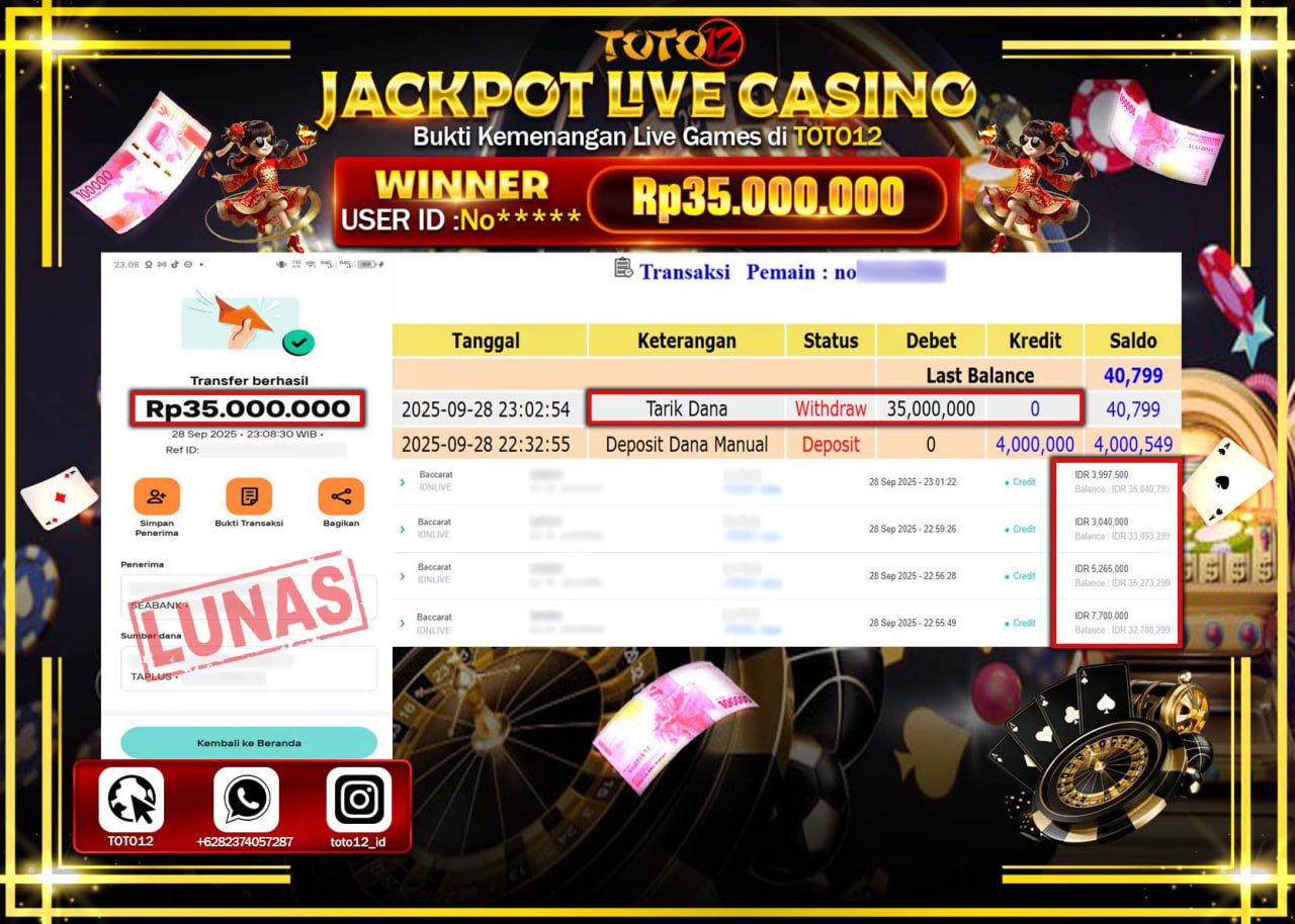 HANYA DI TOTO12 JP PASTI DI BAYAR LUNAS DAN CEPAT!!!!!! JACKPOT LIVE CASINO (BACCARAT) Rp.35.000.000 !!!!