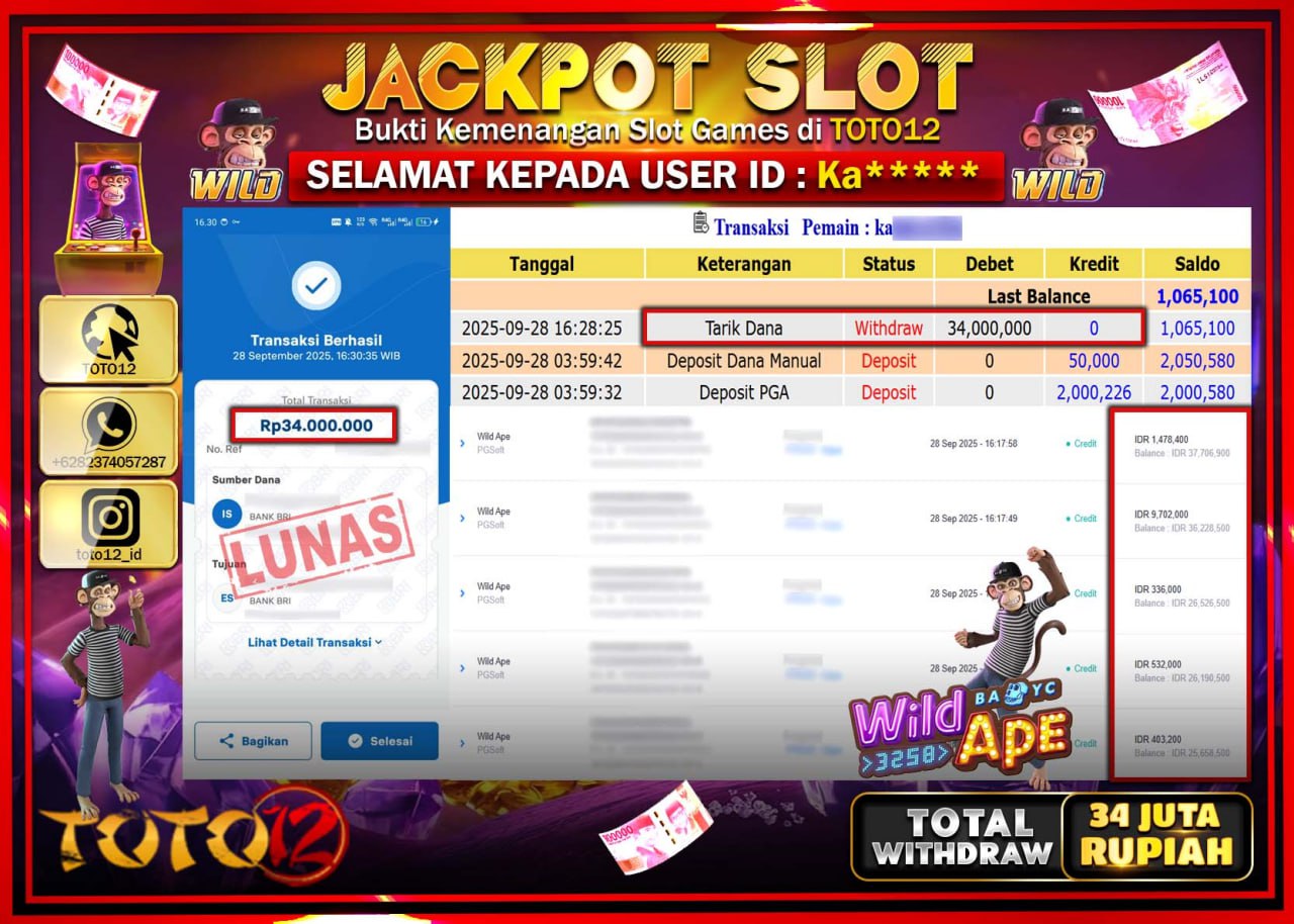 HANYA DI TOTO12 JP PASTI DI BAYAR LUNAS DAN CEPAT!!!!!! JACKPOT SLOT GAME (WILD APE) Rp.34.000.000 !!!!