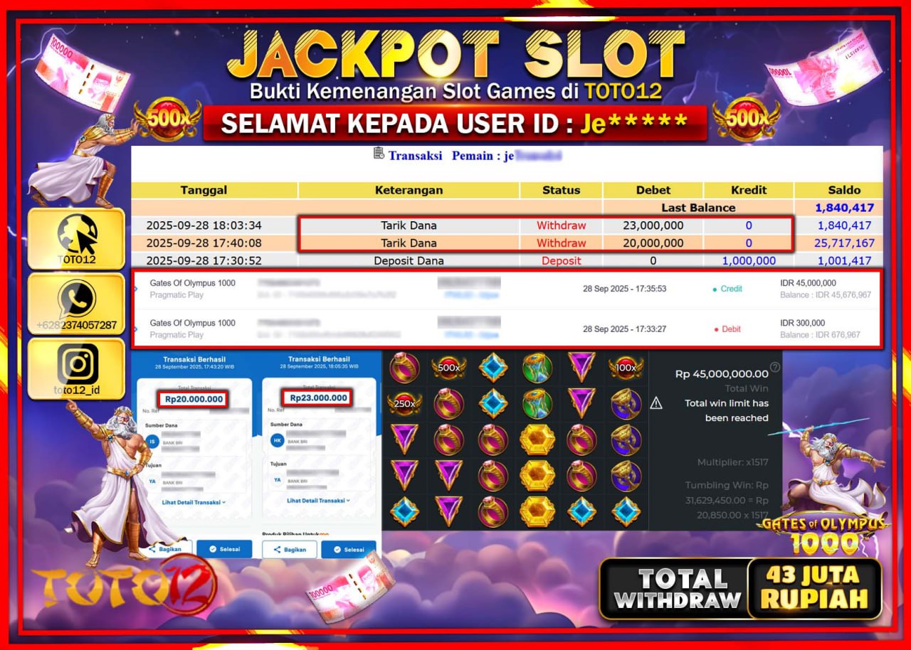 HANYA DI TOTO12 JP PASTI DI BAYAR LUNAS DAN CEPAT!!!!!! JACKPOT SLOT GAME (GATES OF OLYMPUS 1000) Rp.43.000.000 !!!!