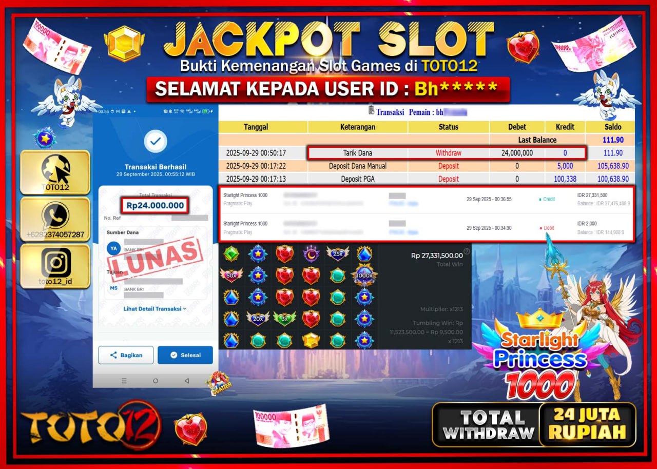 HANYA DI TOTO12 JP PASTI DI BAYAR LUNAS DAN CEPAT!!!!!! JACKPOT SLOT GAME (STARLIGHT PRINCESS 1000) Rp.24.000.000 !!!!