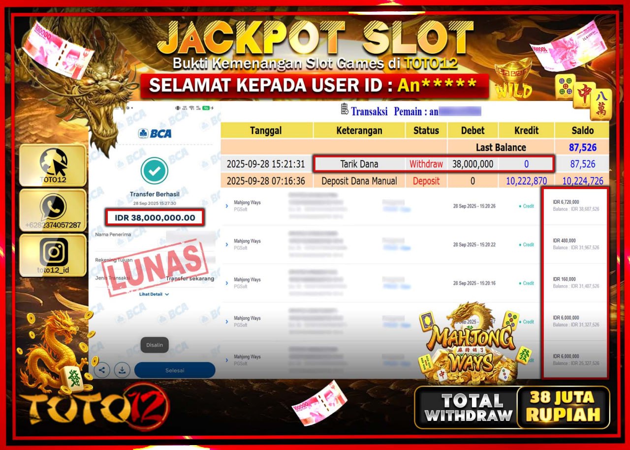 HANYA DI TOTO12 JP PASTI DI BAYAR LUNAS DAN CEPAT!!!!!! JACKPOT SLOT GAME (MAHJONG WAYS) Rp.38.000.000 !!!!