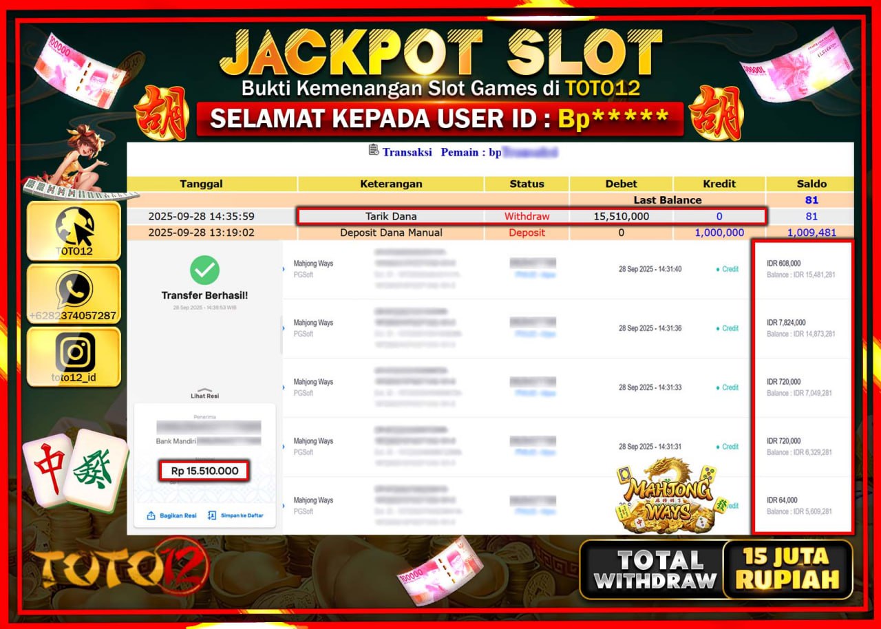 HANYA DI TOTO12 JP PASTI DI BAYAR LUNAS DAN CEPAT!!!!!! JACKPOT SLOT GAME (MAHJONG WAYS) Rp.15.510.000 !!!!