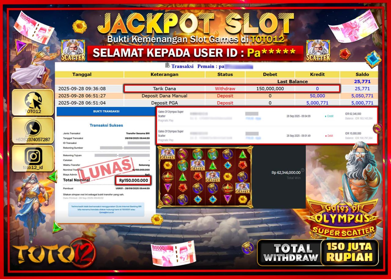 HANYA DI TOTO12 JP PASTI DI BAYAR LUNAS DAN CEPAT!!!!!! JACKPOT SLOT GAME (GATES OF OLYMPUS SUPER SCATTER) Rp.150.000.000 !!!!