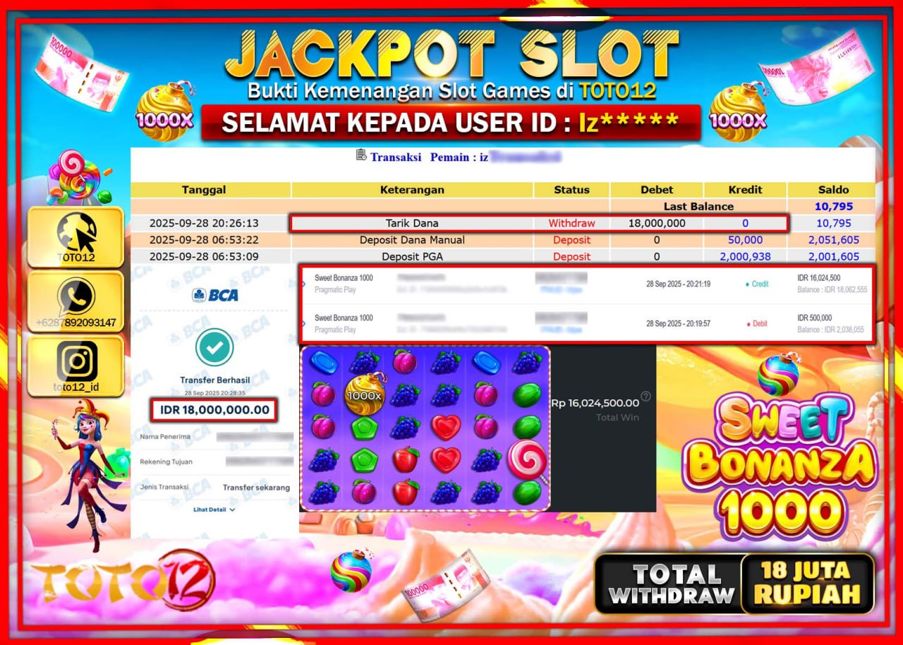 HANYA DI TOTO12 JP PASTI DI BAYAR LUNAS DAN CEPAT!!!!!! JACKPOT SLOT GAME (SWEET BONANZA 1000) Rp.18.000.000 !!!!