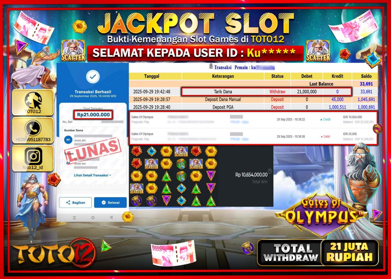 HANYA DI TOTO12 JP PASTI DI BAYAR LUNAS DAN CEPAT!!!!!! JACKPOT SLOT GAME (GATES OF OLYMPUS) Rp.21.000.000 !!!!