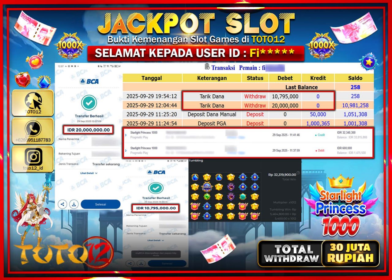 HANYA DI TOTO12 JP PASTI DI BAYAR LUNAS DAN CEPAT!!!!!! JACKPOT SLOT GAME (STARLIGHT PRINCESS 1000) Rp.30.795.000 !!!!