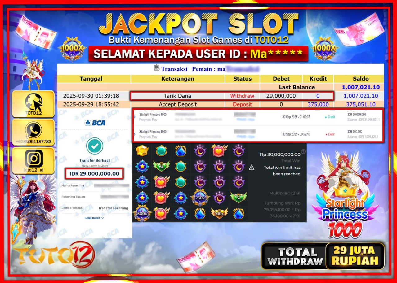 HANYA DI TOTO12 JP PASTI DI BAYAR LUNAS DAN CEPAT!!!!!! JACKPOT SLOT GAME (STARLIGHT PRINCESS 1000) Rp.29.000.000 !!!!