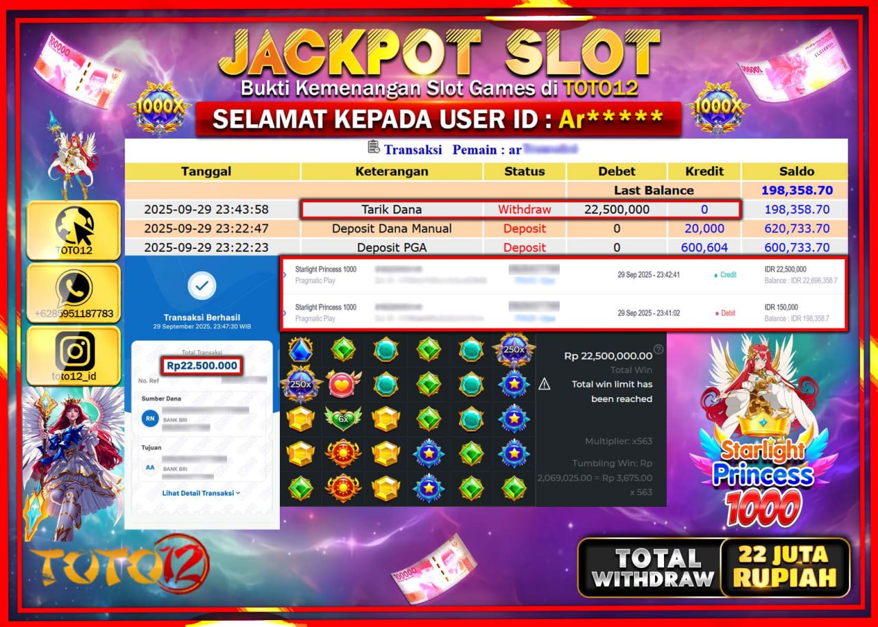 HANYA DI TOTO12 JP PASTI DI BAYAR LUNAS DAN CEPAT!!!!!! JACKPOT SLOT GAME (STARLIGHT PRINCESS 1000) Rp.22.500.000 !!!!