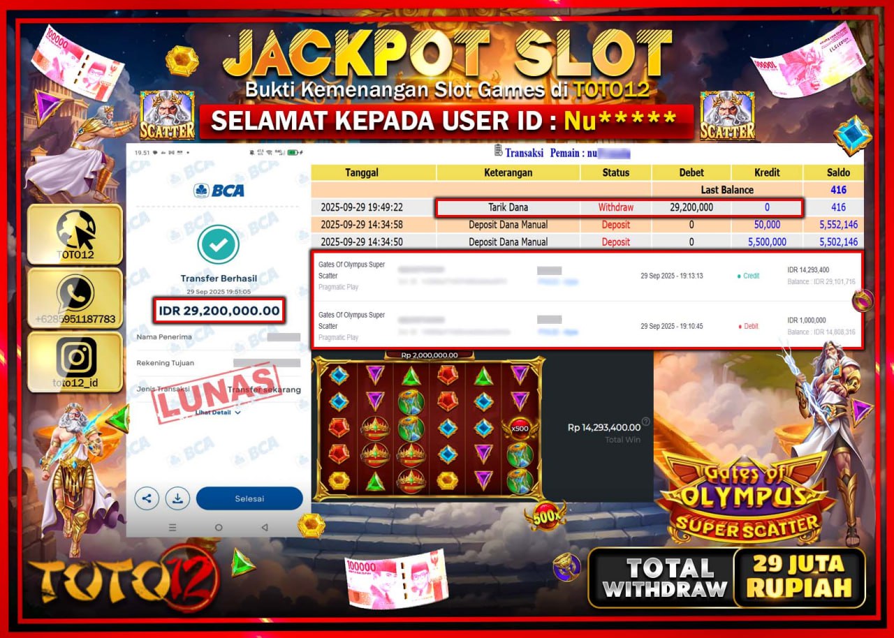 HANYA DI TOTO12 JP PASTI DI BAYAR LUNAS DAN CEPAT!!!!!! JACKPOT SLOT GAME (GATES OF OLYMPUS SUPER SCATTER) Rp.29.200.000 !!!!