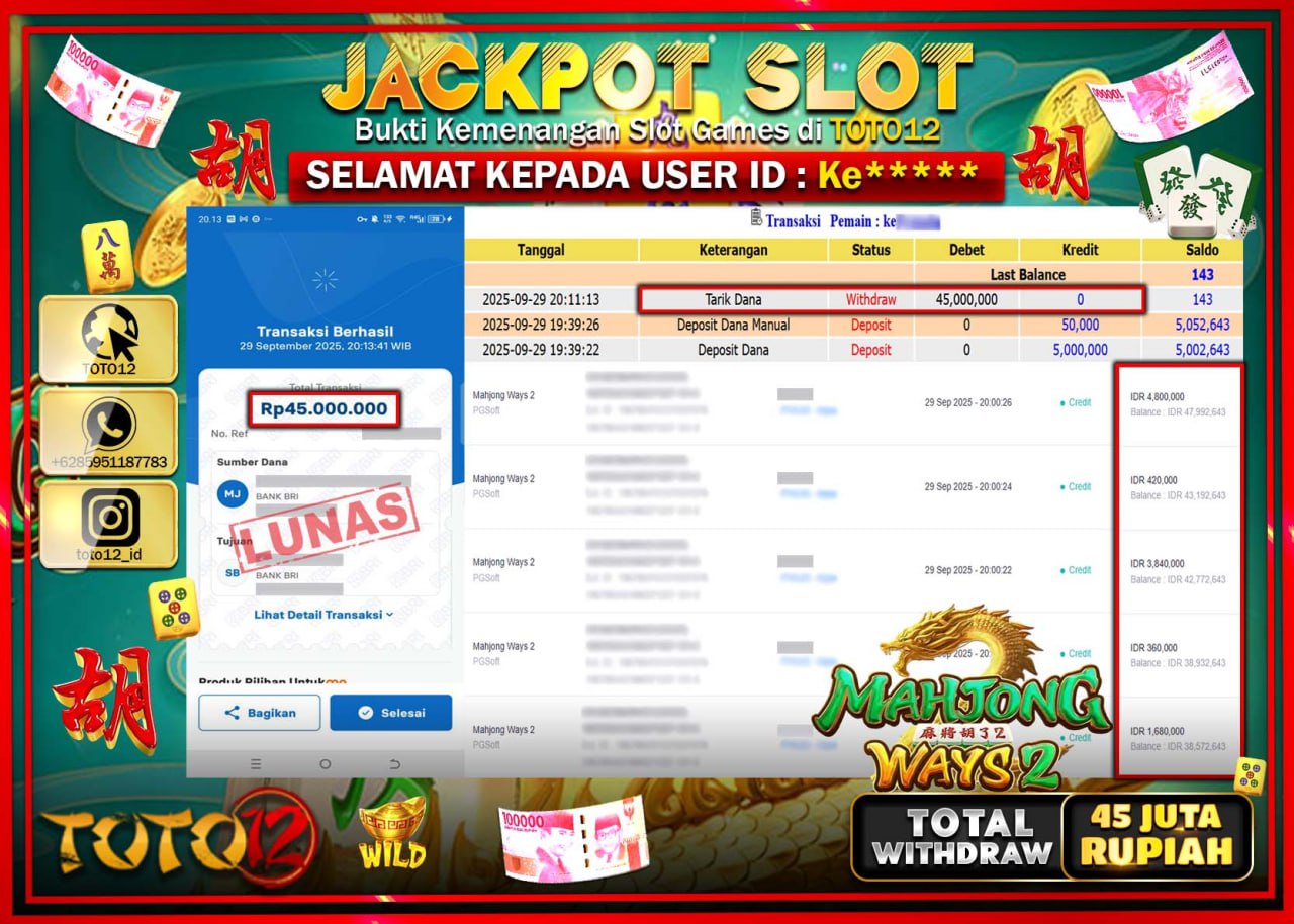 HANYA DI TOTO12 JP PASTI DI BAYAR LUNAS DAN CEPAT!!!!!! JACKPOT SLOT GAME (MAHJONG WAYS 2) Rp.45.000.000 !!!!