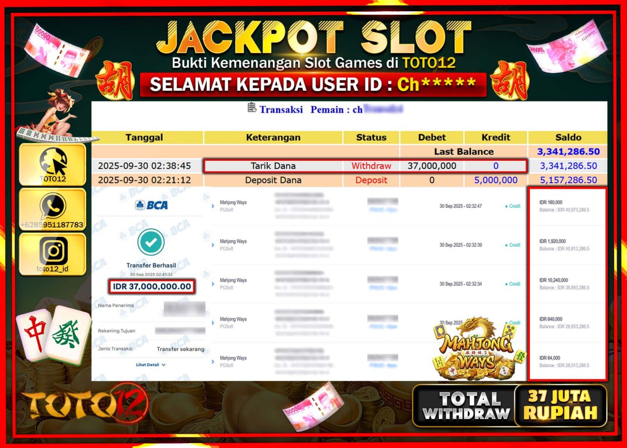 HANYA DI TOTO12 JP PASTI DI BAYAR LUNAS DAN CEPAT!!!!!! JACKPOT SLOT GAME (MAHJONG WAYS) Rp.37.000.000 !!!!