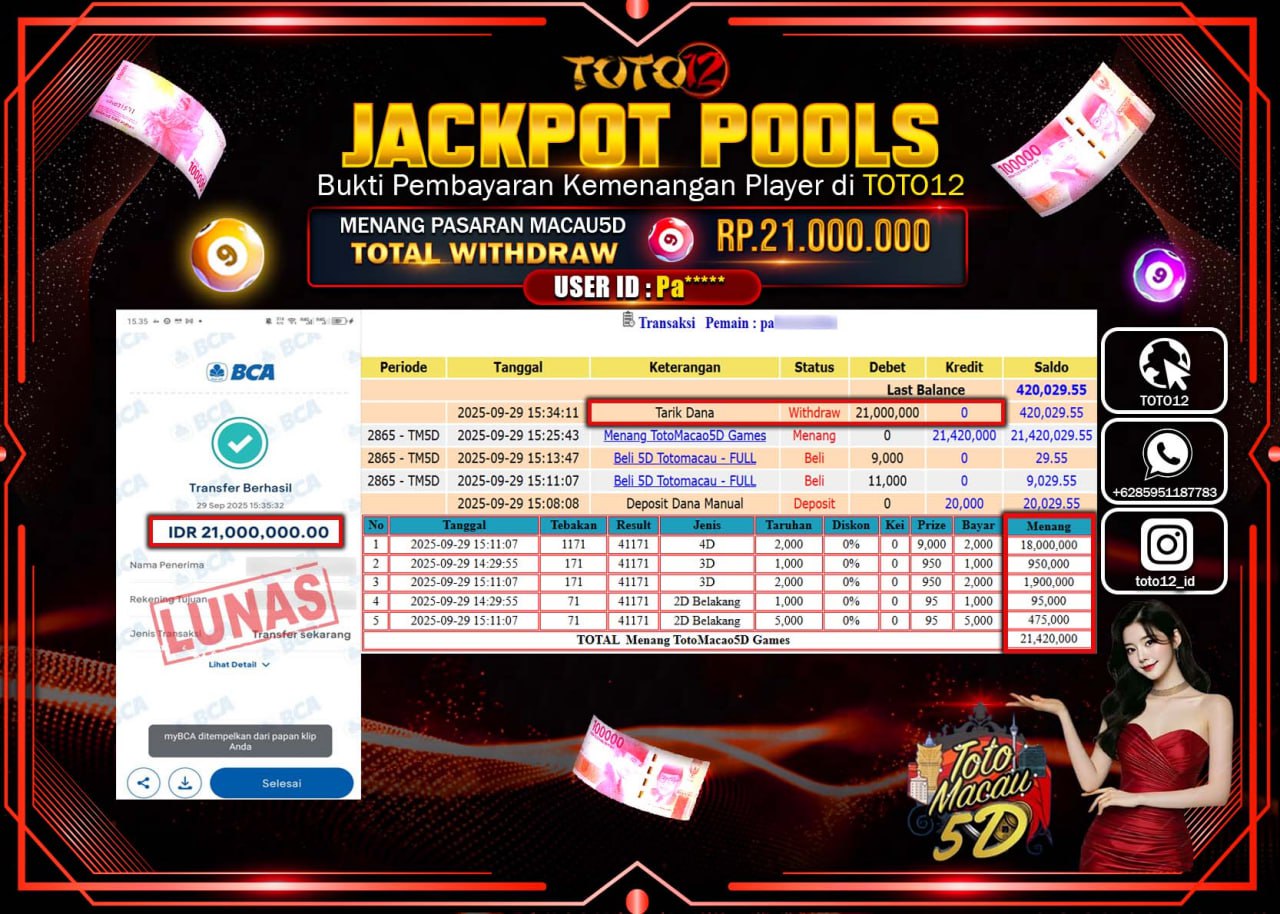 HANYA DI TOTO12 JP PASTI DI BAYAR LUNAS DAN CEPAT!!!!!! JACKPOT POOLS PASARAN (MACAU 5D) Rp.21.000.000 !!!!