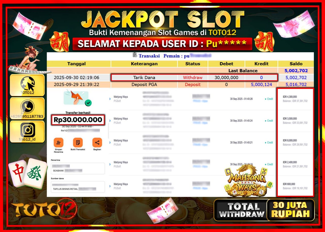 HANYA DI TOTO12 JP PASTI DI BAYAR LUNAS DAN CEPAT!!!!!! JACKPOT SLOT GAME (MAHJONG WAYS) Rp.30.000.000 !!!!