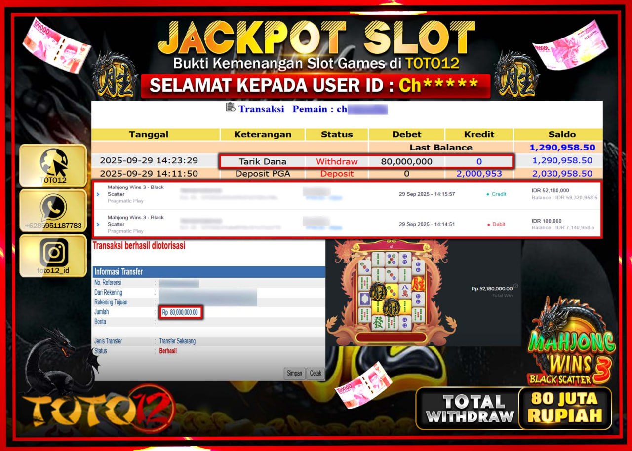 HANYA DI TOTO12 JP PASTI DI BAYAR LUNAS DAN CEPAT!!!!!! JACKPOT SLOT GAME (MAHJONG WINS 3 BLACK SCATTER) Rp.80.000.000 !!!!