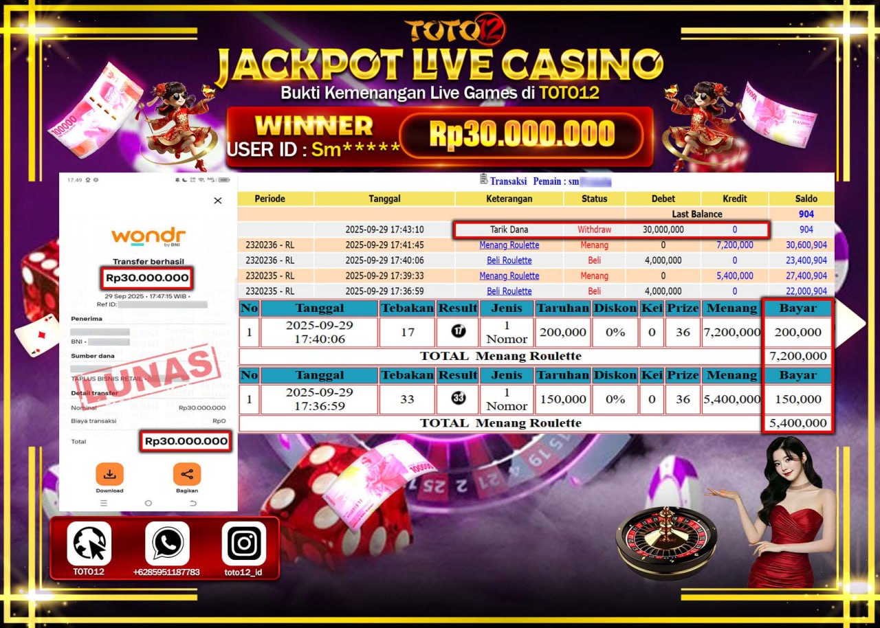 HANYA DI TOTO12 JP PASTI DI BAYAR LUNAS DAN CEPAT!!!!!! JACKPOT LIVE CASINO (ROULETTE) Rp.30.000.000 !!!!