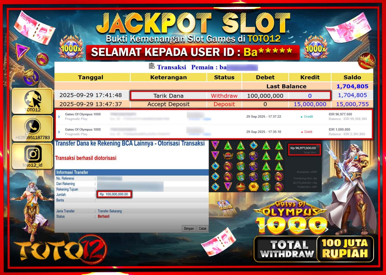 HANYA DI TOTO12 JP PASTI DI BAYAR LUNAS DAN CEPAT!!!!!! JACKPOT SLOT GAME (GATES OF OLYMPUS 1000) Rp.100.000.000 !!!!