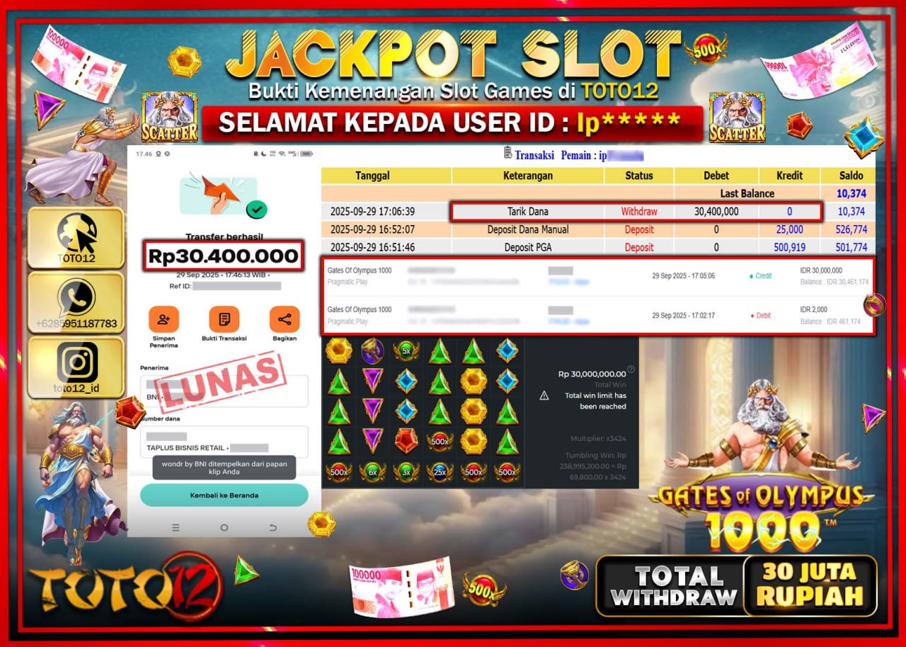 HANYA DI TOTO12 JP PASTI DI BAYAR LUNAS DAN CEPAT!!!!!! JACKPOT SLOT GAME (GATES OF OLYMPUS 1000) Rp.30.400.000 !!!!