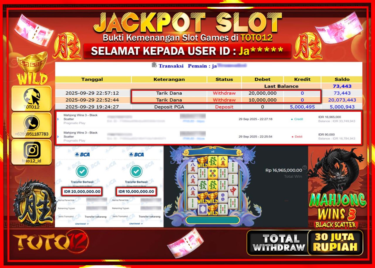 HANYA DI TOTO12 JP PASTI DI BAYAR LUNAS DAN CEPAT!!!!!! JACKPOT SLOT GAME (MAHJONG WINS 3 BLACK SCATTER) Rp.30.000.000 !!!!
