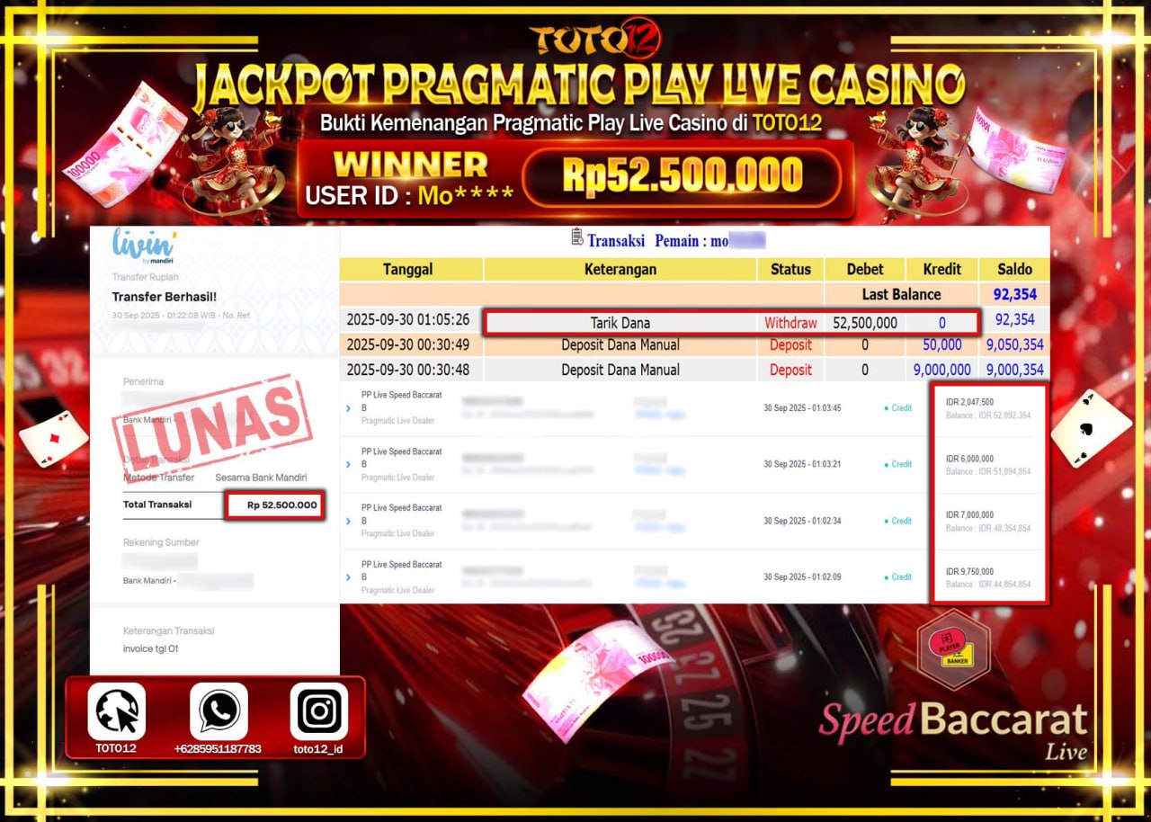 HANYA DI TOTO12 JP PASTI DI BAYAR LUNAS DAN CEPAT!!!!!! JACKPOT PRAGMATIC PLAY LIVE CASINO (SPEED BACCARAT) Rp.52.500.000 !!!!