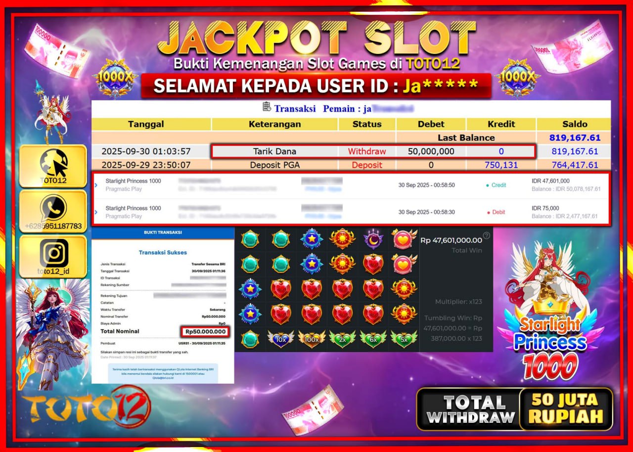 HANYA DI TOTO12 JP PASTI DI BAYAR LUNAS DAN CEPAT!!!!!! JACKPOT SLOT GAME (STARLIGHT PRINCESS 1000) Rp.50.000.000 !!!!