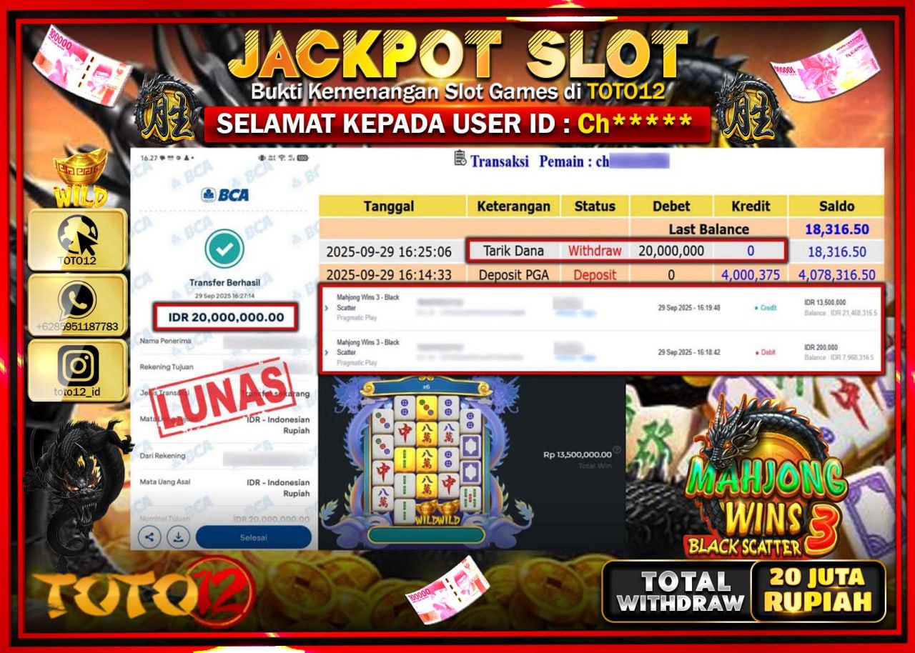 HANYA DI TOTO12 JP PASTI DI BAYAR LUNAS DAN CEPAT!!!!!! JACKPOT SLOT GAME (MAHJONG WINS 3 BLACK SCATTER) Rp.20.000.000 !!!!