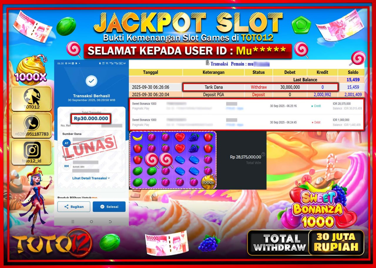HANYA DI TOTO12 JP PASTI DI BAYAR LUNAS DAN CEPAT!!!!!! JACKPOT SLOT GAME (SWEET BONANZA 1000) Rp.30.000.000 !!!!