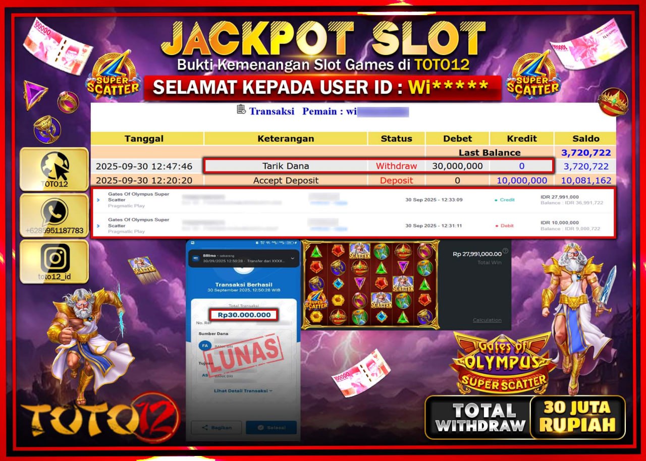 HANYA DI TOTO12 JP PASTI DI BAYAR LUNAS DAN CEPAT!!!!!! JACKPOT SLOT GAME (GATES OF OLYMPUS SUPER SCATTER) Rp.30.000.000 !!!!