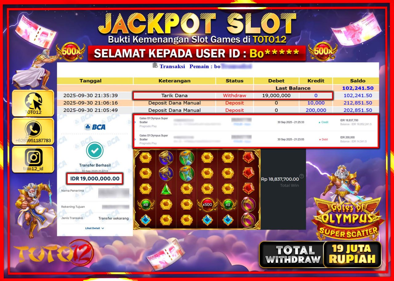 HANYA DI TOTO12 JP PASTI DI BAYAR LUNAS DAN CEPAT!!!!!! JACKPOT SLOT GAME (GATES OF OLYMPUS SUPER SCATTER) Rp.19.000.000 !!!!