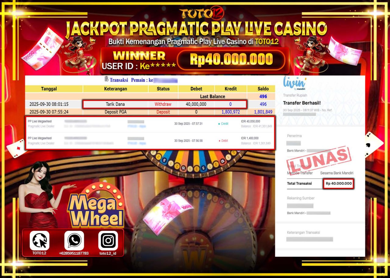 HANYA DI TOTO12 JP PASTI DI BAYAR LUNAS DAN CEPAT!!!!!! JACKPOT PRAGMATIC PLAY LIVE CASINO (MEGA WHEEL) Rp.40.000.000 !!!!
