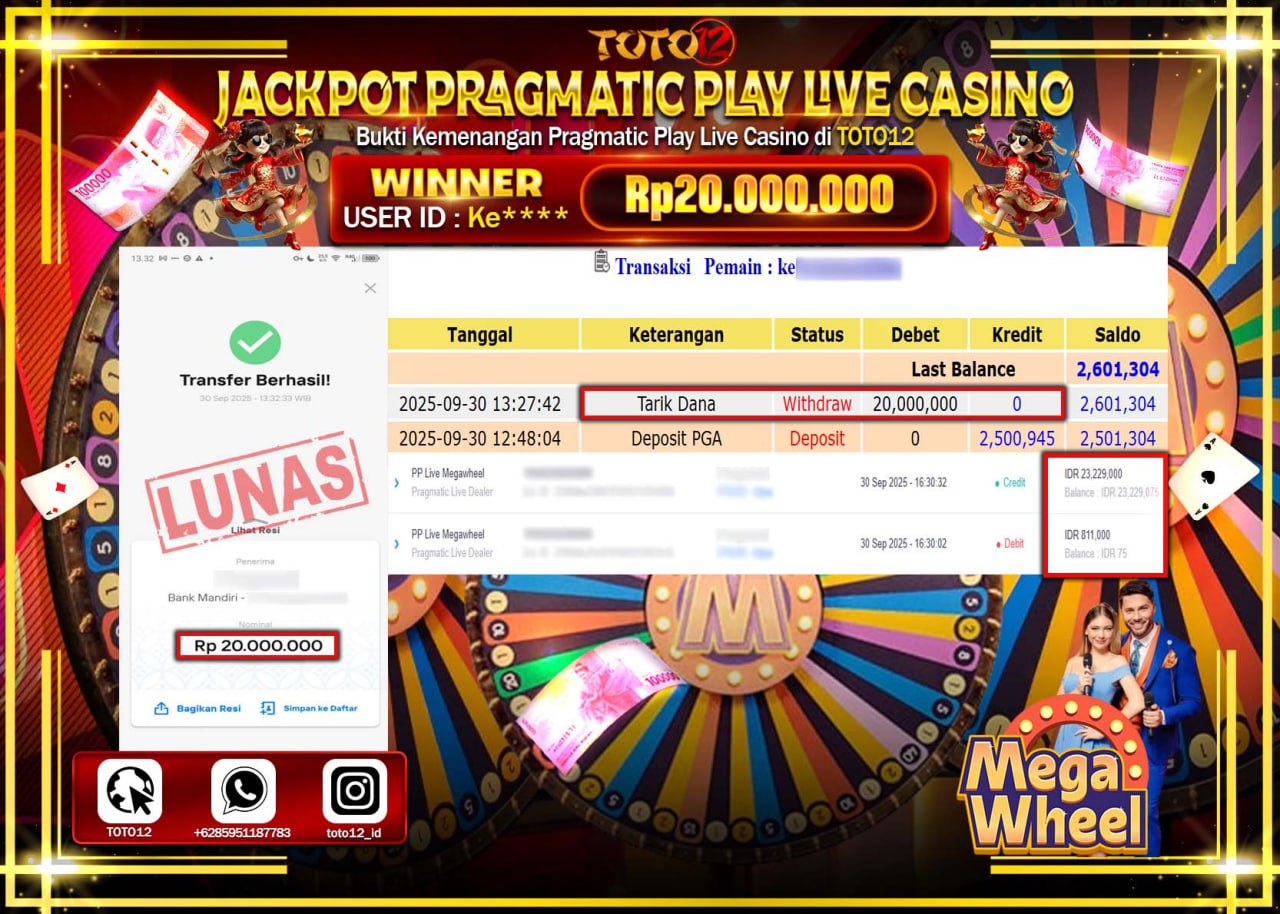 HANYA DI TOTO12 JP PASTI DI BAYAR LUNAS DAN CEPAT!!!!!! JACKPOT PRAGMATIC PLAY LIVE CASINO (MEGA WHEEL) Rp.20.000.000 !!!!
