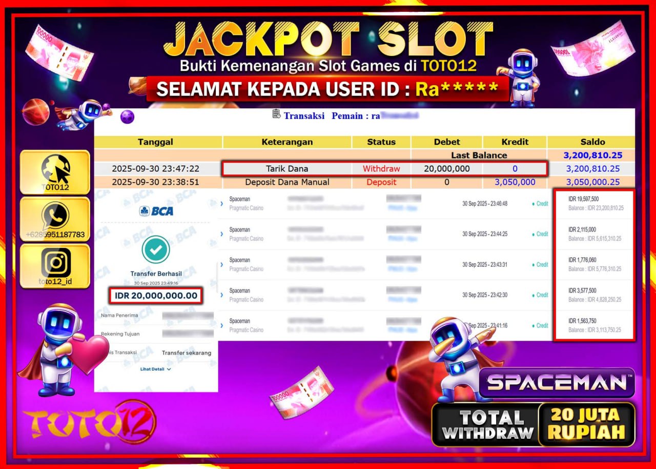 HANYA DI TOTO12 JP PASTI DI BAYAR LUNAS DAN CEPAT!!!!!! JACKPOT SLOT GAME (SPACEMAN) Rp.20.000.000 !!!!