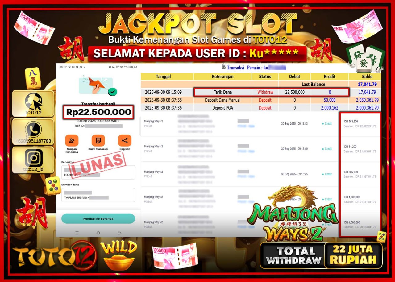 HANYA DI TOTO12 JP PASTI DI BAYAR LUNAS DAN CEPAT!!!!!! JACKPOT SLOT GAME (MAHJONG WAYS 2) Rp.22.500.000 !!!!