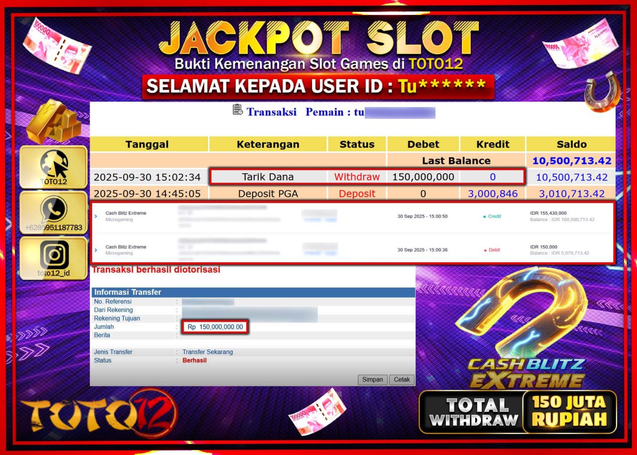 HANYA DI TOTO12 JP PASTI DI BAYAR LUNAS DAN CEPAT!!!!!! JACKPOT SLOT GAME (CASH BLITZ EXTREME) Rp.150.000.000 !!!!