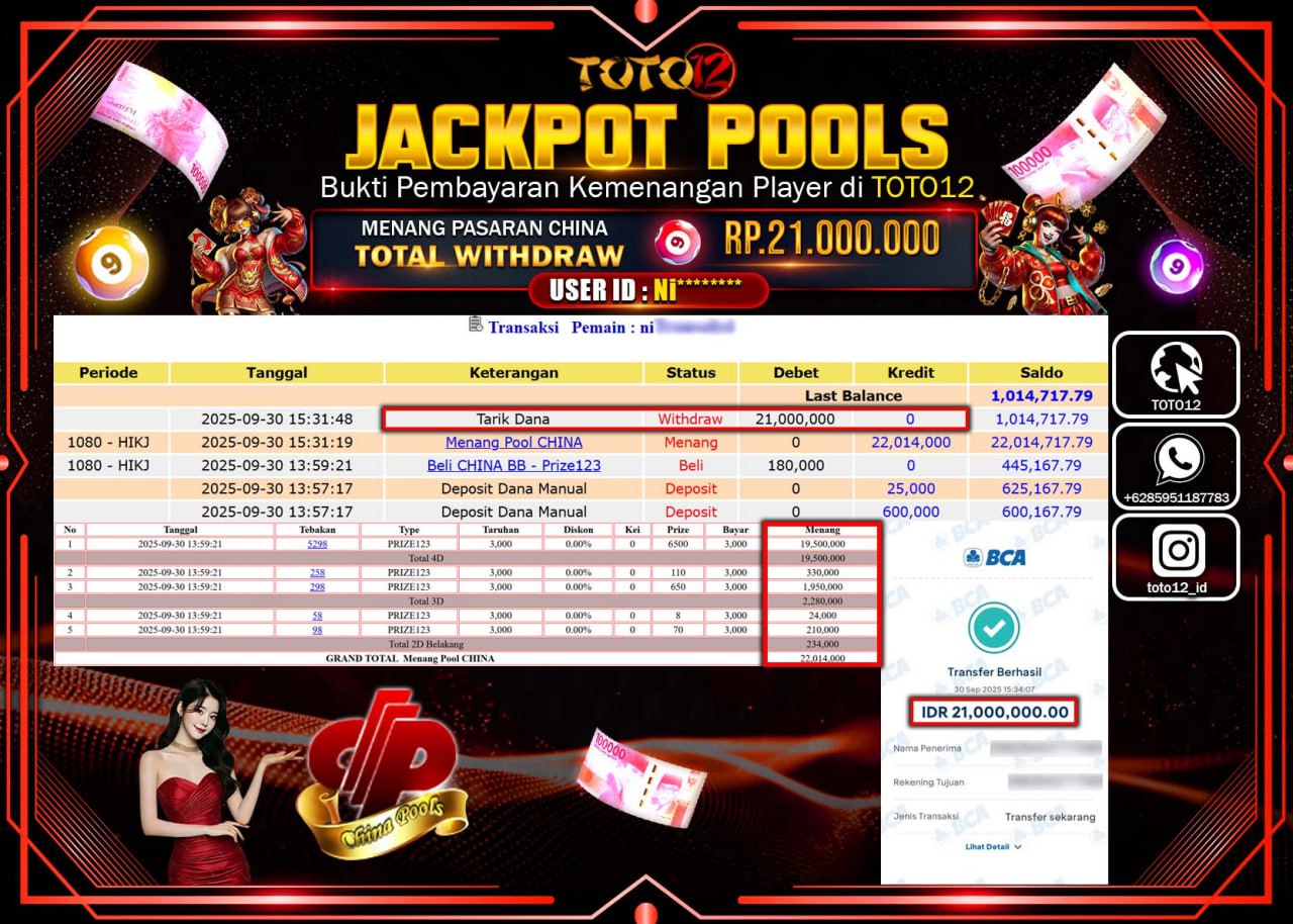 HANYA DI TOTO12 JP PASTI DI BAYAR LUNAS DAN CEPAT!!!!!! JACKPOT POOLS PASARAN (CHINA) Rp.21.000.000 !!!!
