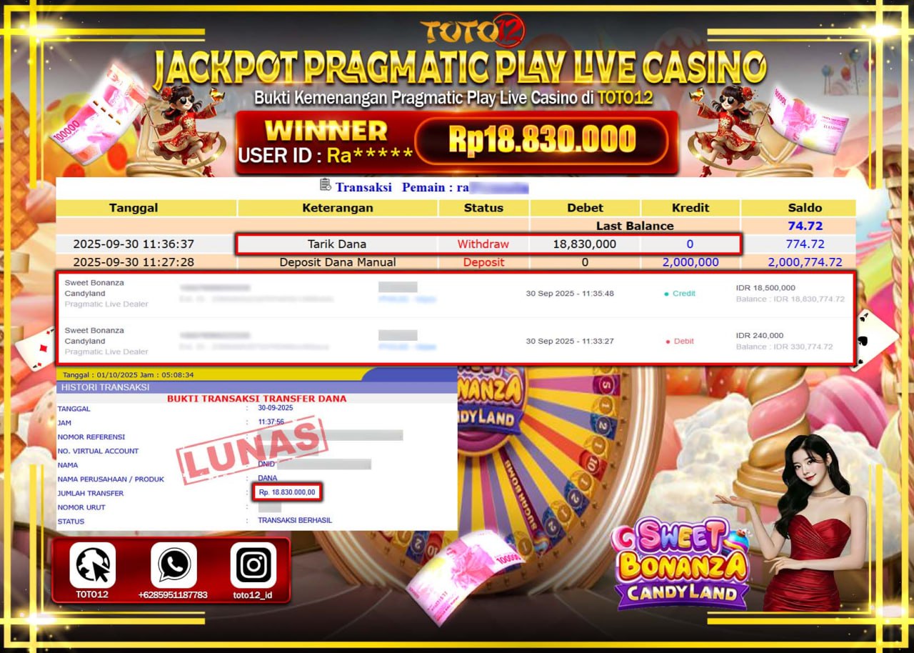 HANYA DI TOTO12 JP PASTI DI BAYAR LUNAS DAN CEPAT!!!!!! JACKPOT PRAGMATIC PLAY LIVE CASINO (SWEET BONANZA CANDY LAND) Rp.18.830.000 !!!!