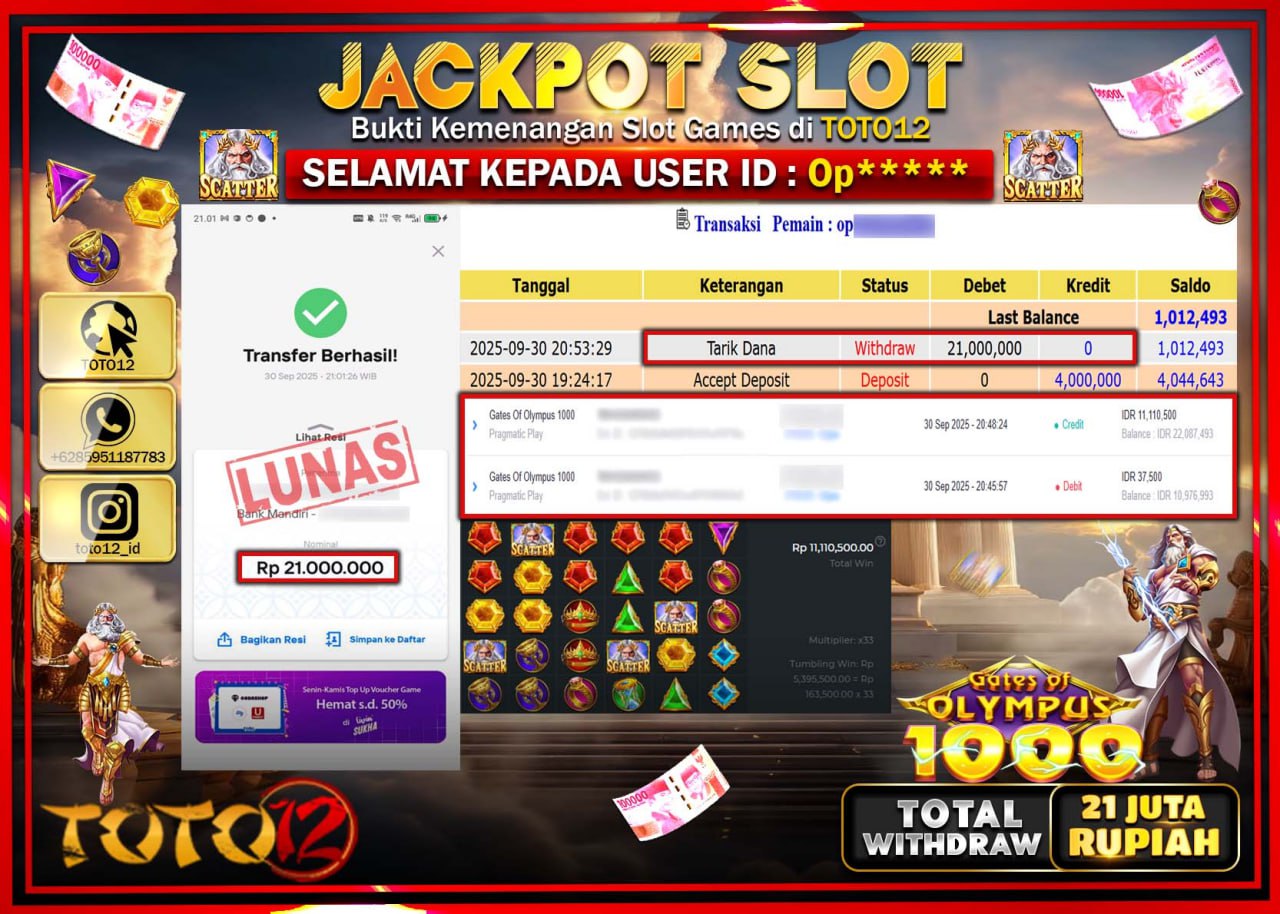 HANYA DI TOTO12 JP PASTI DI BAYAR LUNAS DAN CEPAT!!!!!! JACKPOT SLOT GAME (GATES OF OLYMPUS 1000) Rp.21.000.000 !!!!