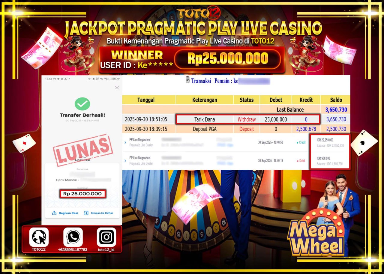 HANYA DI TOTO12 JP PASTI DI BAYAR LUNAS DAN CEPAT!!!!!! JACKPOT PRAGMATIC PLAY LIVE CASINO (MEGA WHEEL) Rp.25.000.000 !!!!