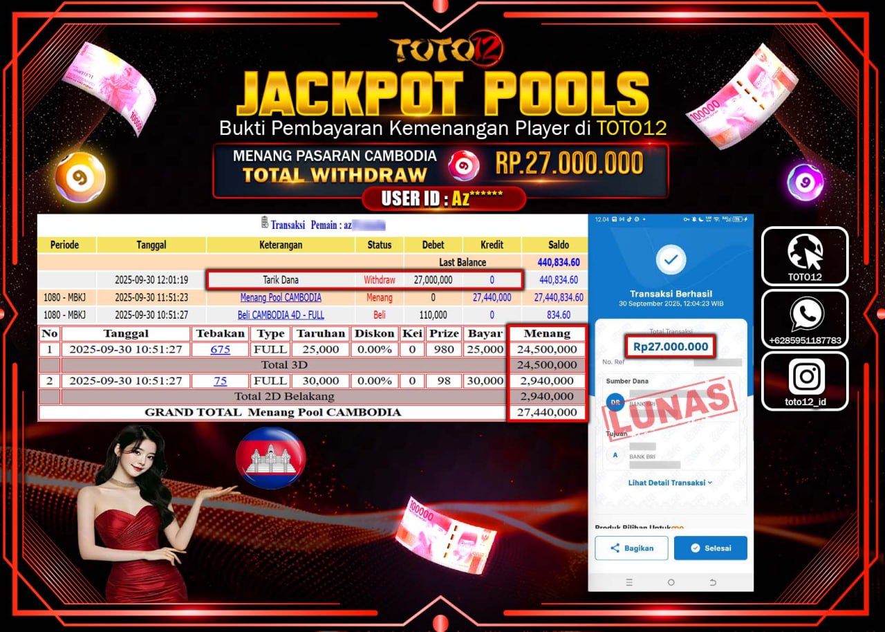 HANYA DI TOTO12 JP PASTI DI BAYAR LUNAS DAN CEPAT!!!!!! JACKPOT POOLS PASARAN (CAMBODIA) Rp.27.000.000 !!!!